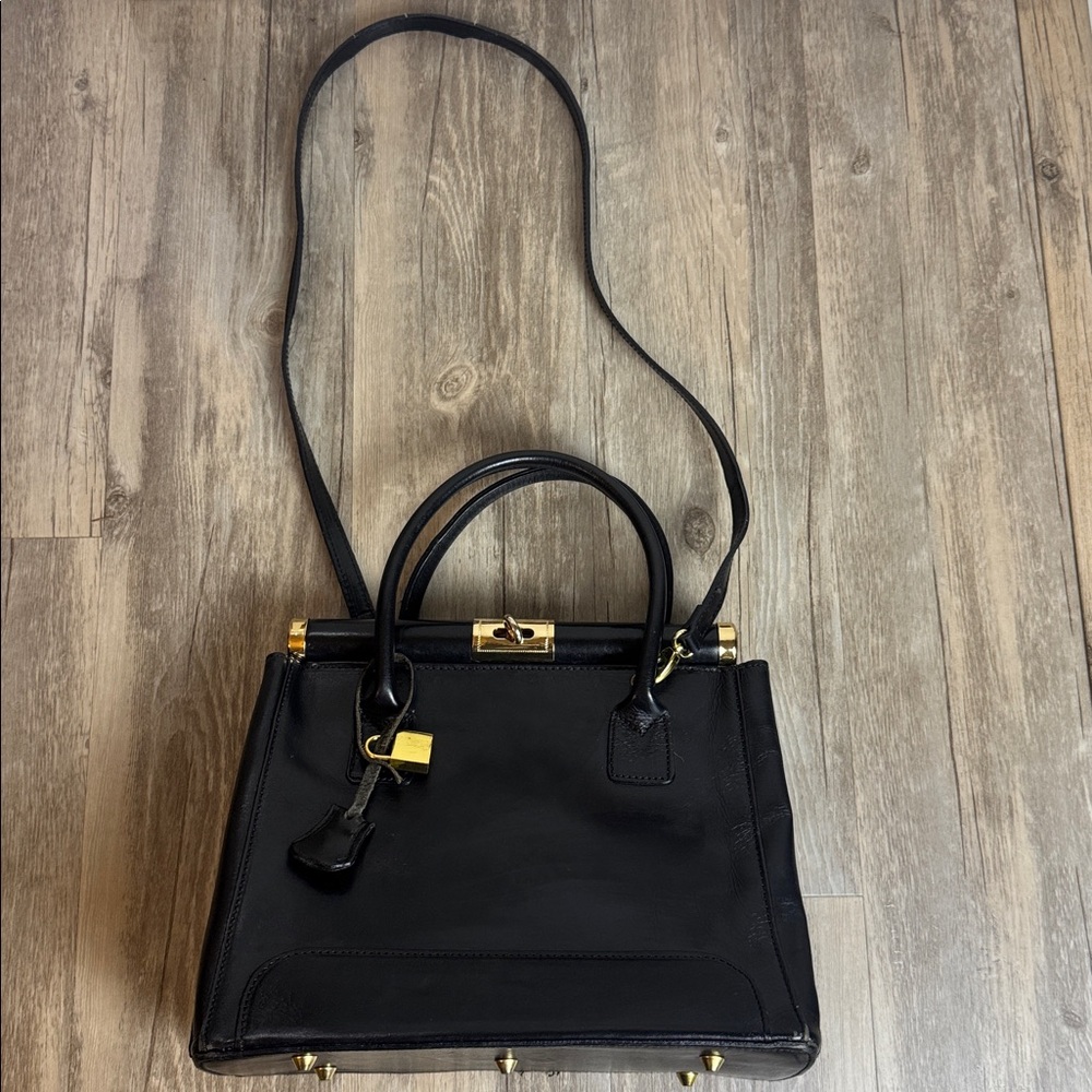 Vintage Italian Leather Top Handle Satchel Black Kelly Style Doctor Bag